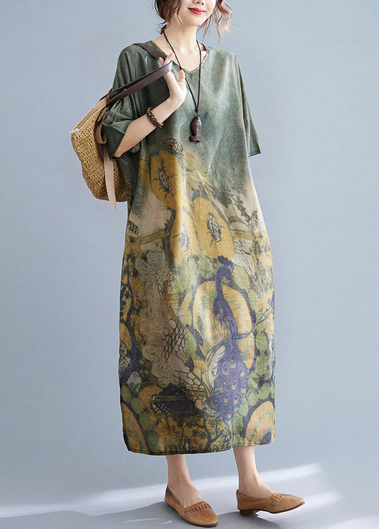 Elegant Peacock Green V Neck Print Side Open Dresses Short Sleeve