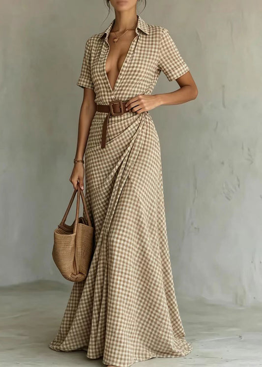 Elegant Peter Pan Collar Plaid Wrinkled Cotton Maxi Dresses Short Sleeve