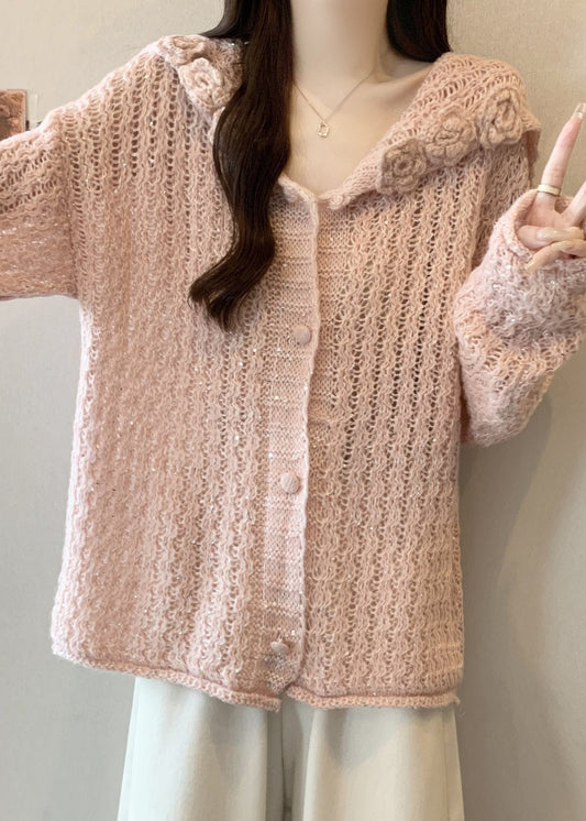 Elegant Pink Floral Hollow Out Knitted Cardigan Fall