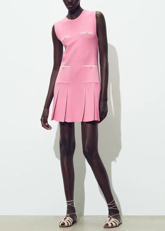 Elegant Pink O Neck Wrinkled Knit Mini Dresses Sleeveless