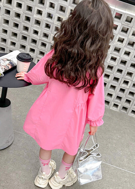 Elegant Pink Peter Pan Collar Patchwork Button Kids Long Shirts Dress Fall
