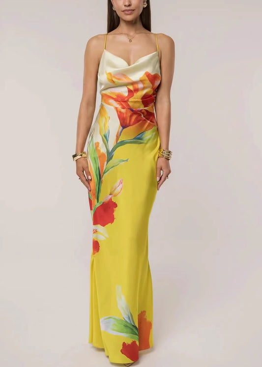 Elegant Pink Print Backless Maxi Spaghetti Strap Dress Summer