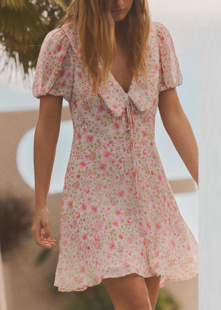 Elegant Pink Print Lace Up Cotton Mid Dress Summer