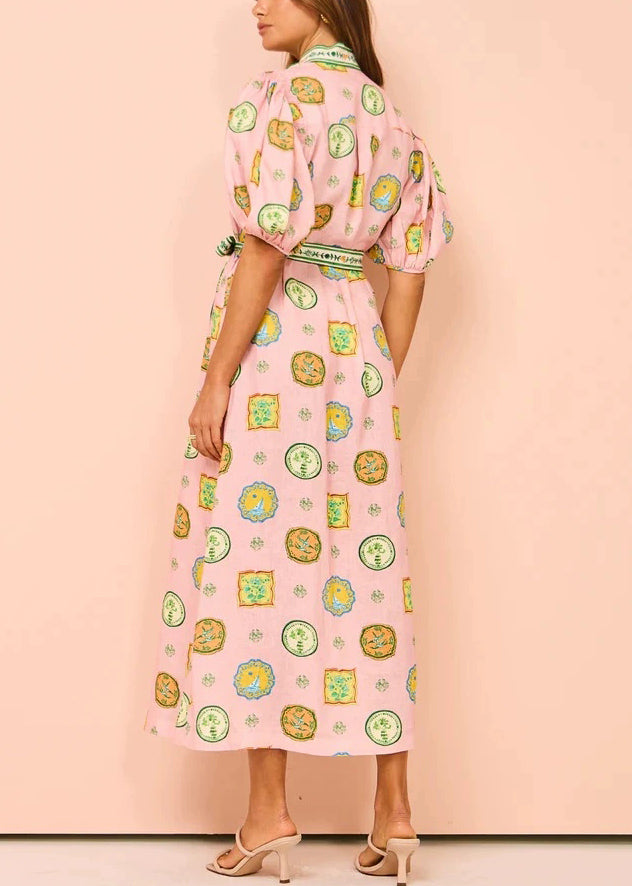 Elegant Pink Print Tie Waist Cotton Blouses Dresses Half Sleeve