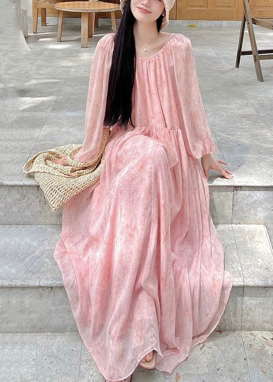 Elegant Pink Print Wrinkled Lace Up Chiffon Long Dress Fall