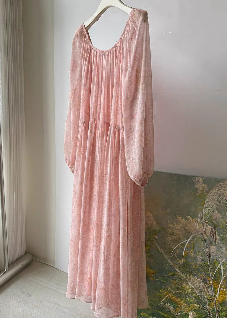 Elegant Pink Print Wrinkled Lace Up Chiffon Long Dress Fall