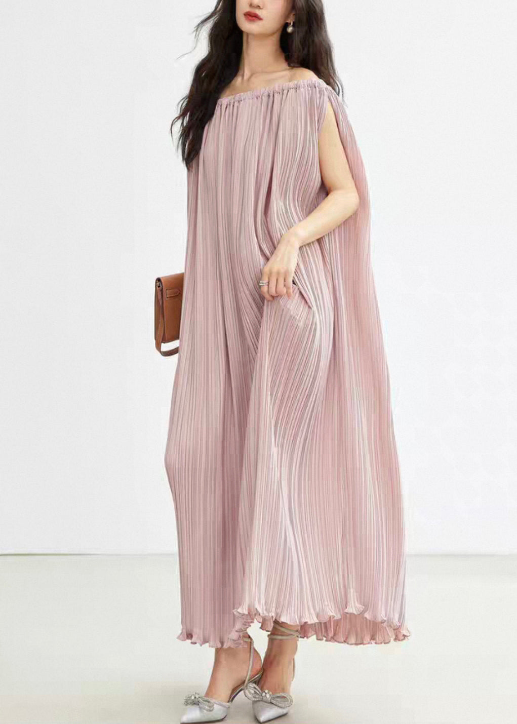 Elegant Pink Slash Neck Wrinkled Cotton Long Dresses Summer