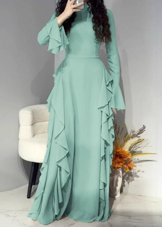 Elegant Pink Solid High Waist Chiffon Maxi Dresses Flare Sleeve