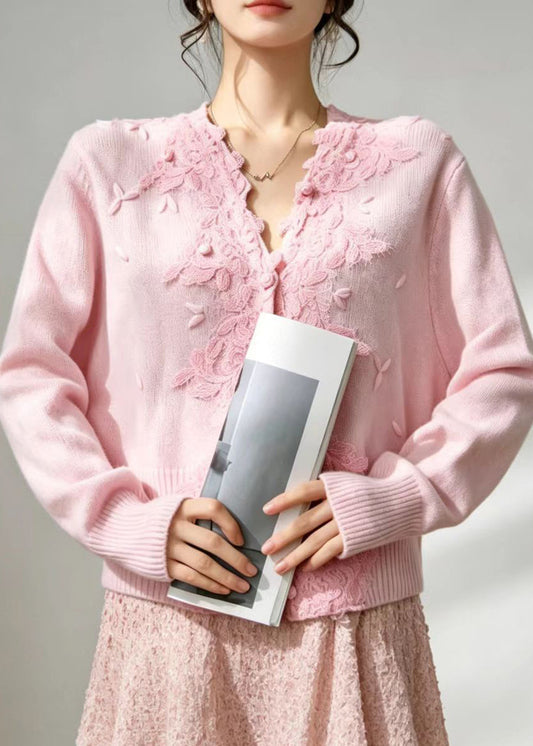 Elegant Pink V Neck Embroidered Knit Cardigan Fall