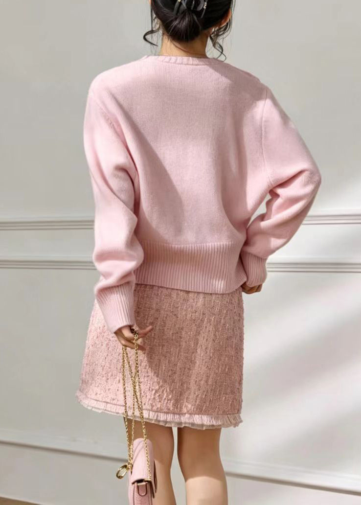 Elegant Pink V Neck Embroidered Knit Cardigan Fall