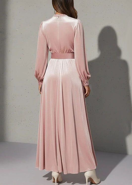 Elegant Pink V Neck Patchwork Velvet Maxi Dress Fall