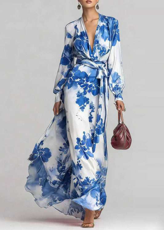 Elegant Pink V Neck Print Lace Up Chiffon Long Dress Fall
