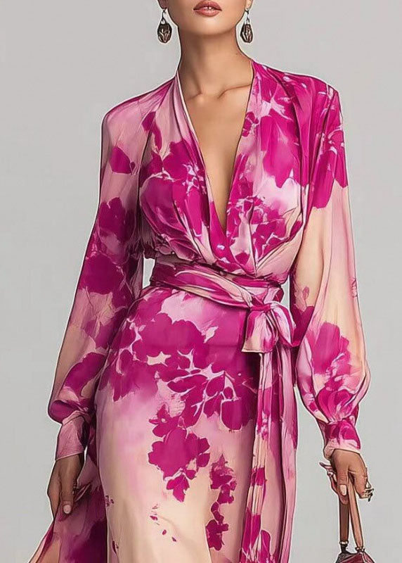 Elegant Pink V Neck Print Lace Up Chiffon Long Dress Fall