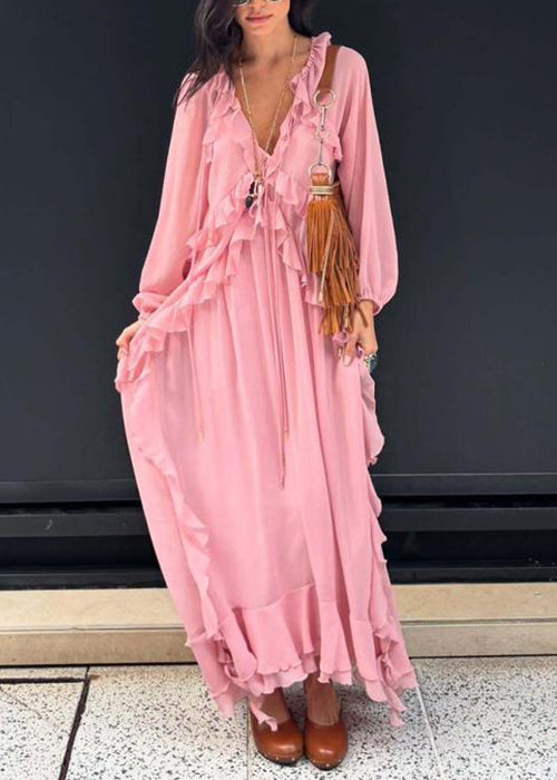 Elegant Pink V Neck Ruffled Chiffon Long Dress Fall