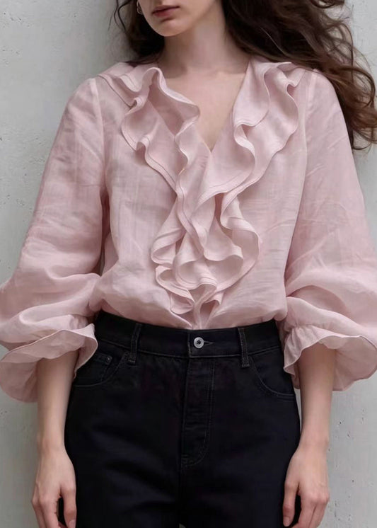 Elegant Pink V Neck Ruffled Shirt Tops Puff Sleeve