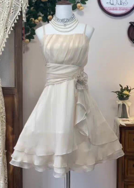 Elegant Pink Wrinkled High Waist Silk Spaghetti Strap Dress Sleeveless