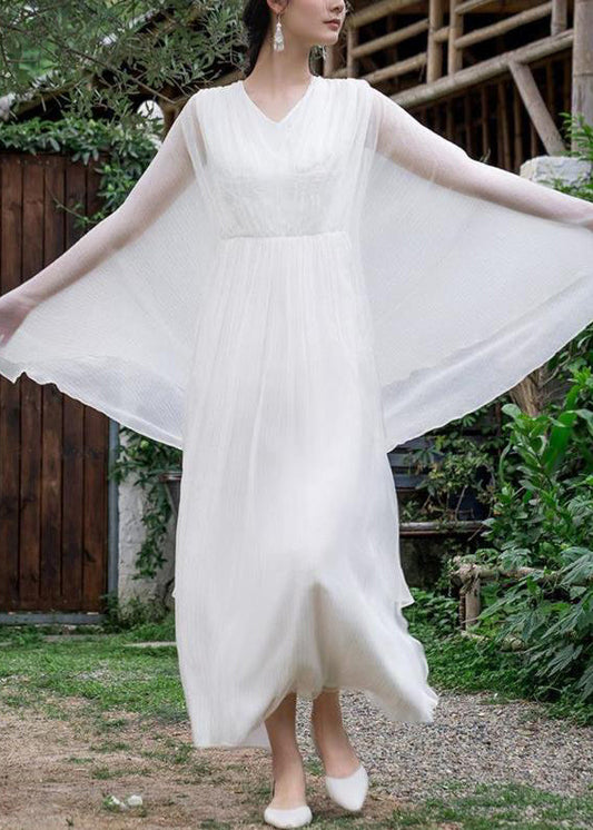 Elegant Pink Wrinkled Solid Silk Long Dress Batwing Sleeve