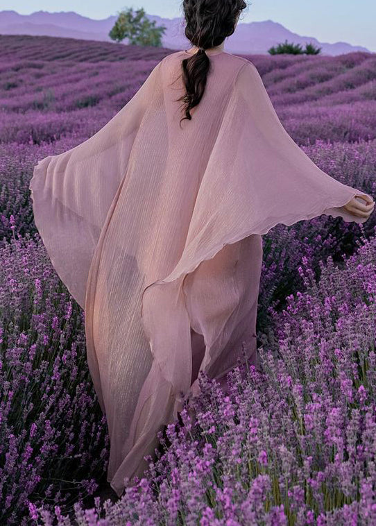 Elegant Pink Wrinkled Solid Silk Long Dress Batwing Sleeve