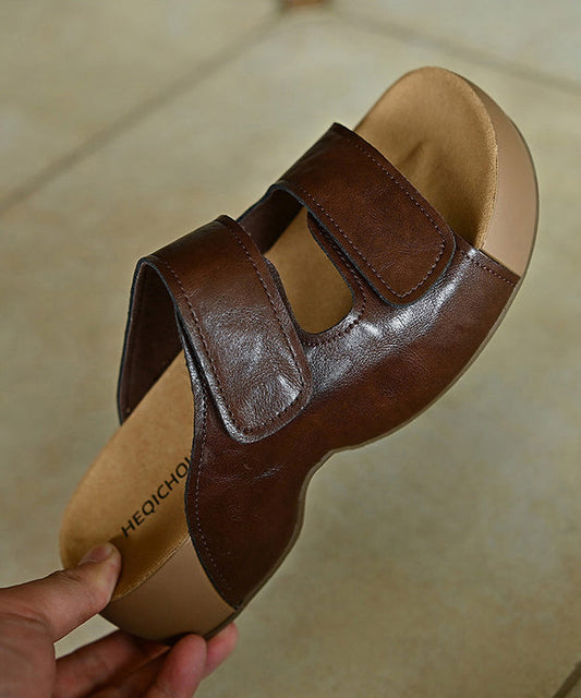 Elegant Platform Brown Cowhide Leather Slide Sandals