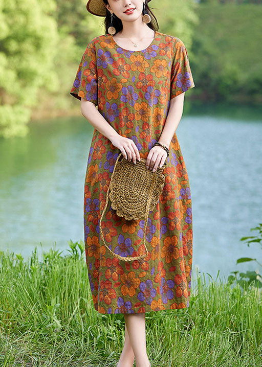 Elegant Polychrome Oversized Floral Linen Mid Dress Summer