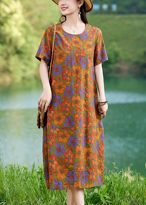 Elegant Polychrome Oversized Floral Linen Mid Dress Summer