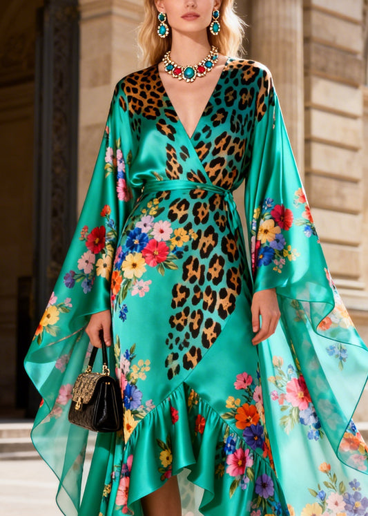 Elegant Print Asymmetrical Design Ruffled Patchwork Silk Dresses Summer