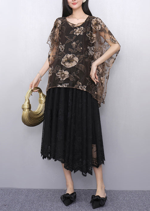 Elegant Print Chiffon Tops And Tulle Dress Two Pieces Set Summer