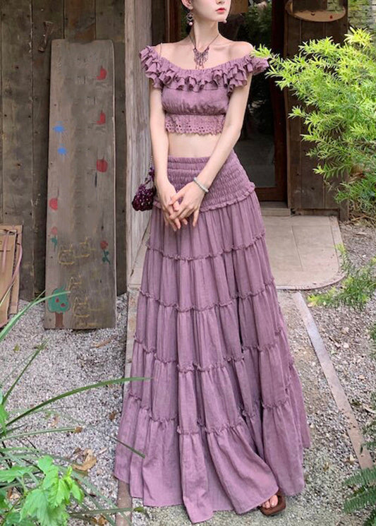 Elegant Purple Elastic Waist Top And A Line Skirts Two Pieces Set Summer