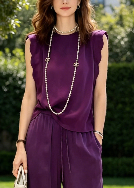 Elegant Purple Oversized Draping Cotton Two Pieces Set Sleeveless