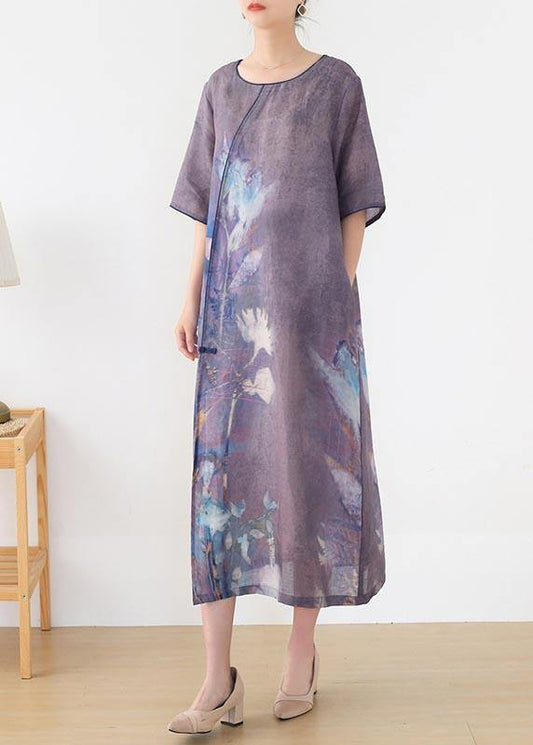 Elegant Purple Print O-Neck Maxi Summer Linen Dress - SooLinen