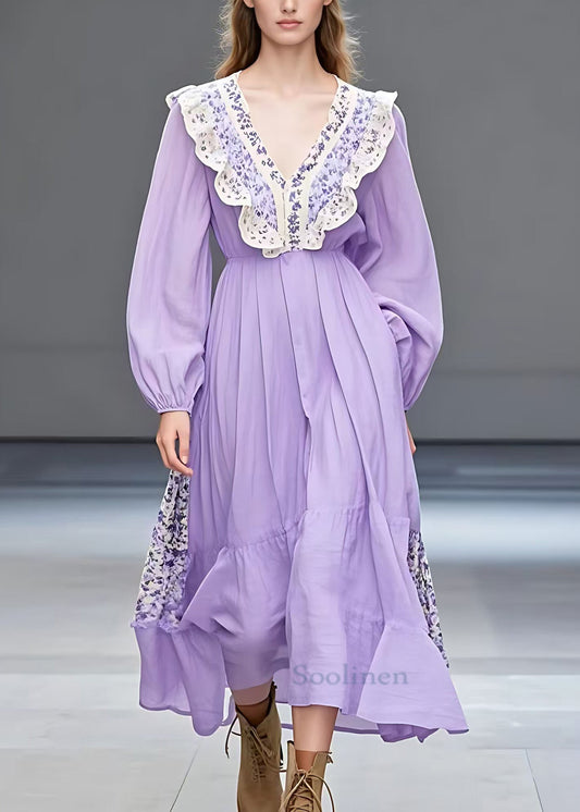 Elegant Purple Ruffled Print Patchwork Cotton Dresses Long Sleeve