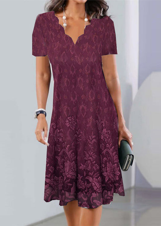 Elegant Purple V Neck Lace Wrinkled Mid Dress Summer