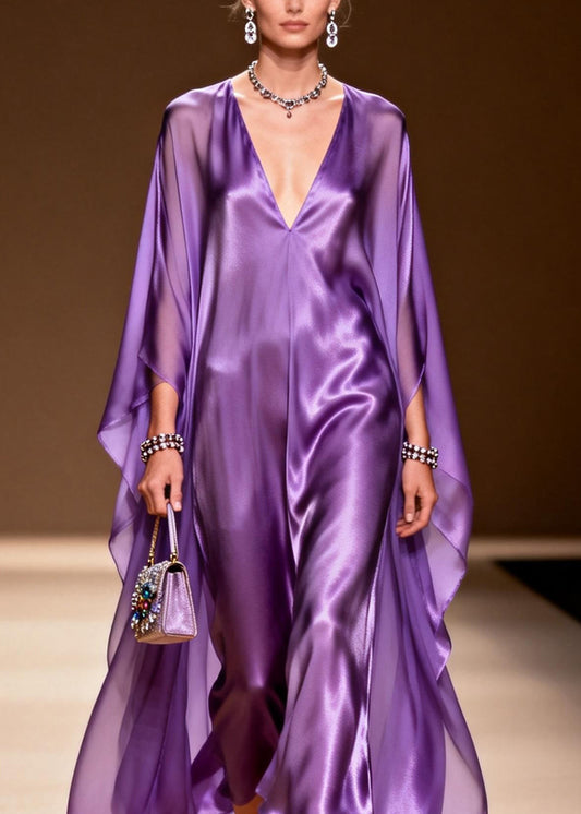 Elegant Purple V Neck Silk Long Dress Spring