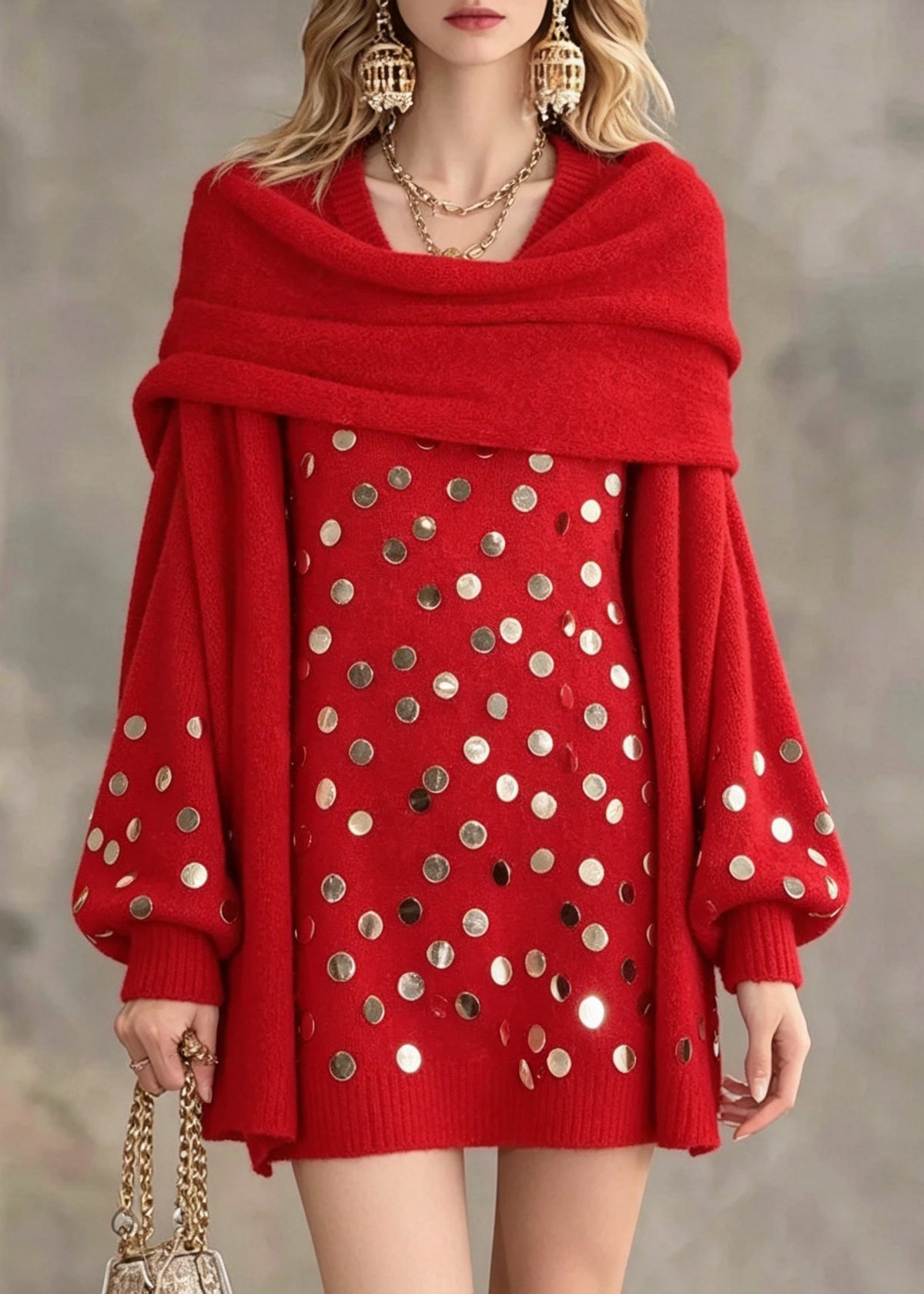 Elegant Red Asymmetrical Sequins Cotton Knit Sweater Lantern Sleeve