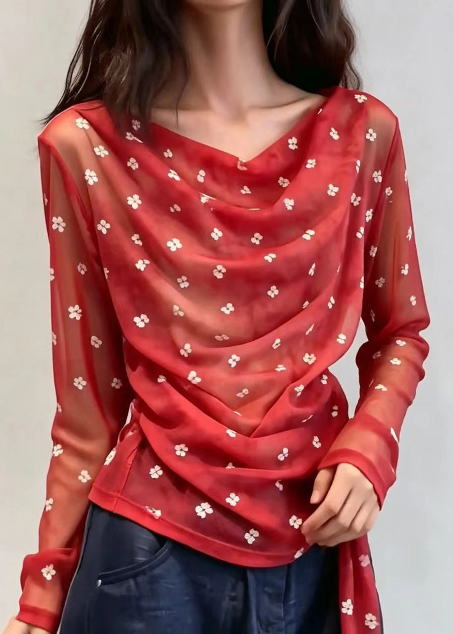 Elegant Red Cowl Neck Lace Up Sheer Shirt Long Sleeve