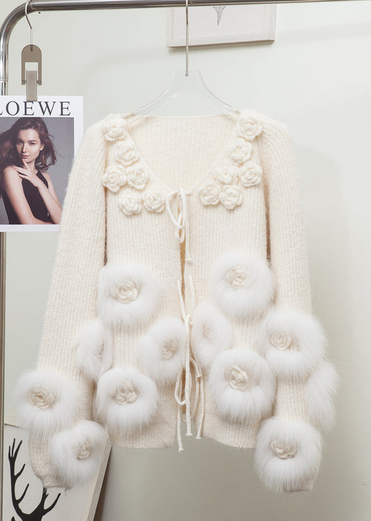 Elegant Red Floral Decorated Patchwork Fox Fur Knit Cardigan Winter