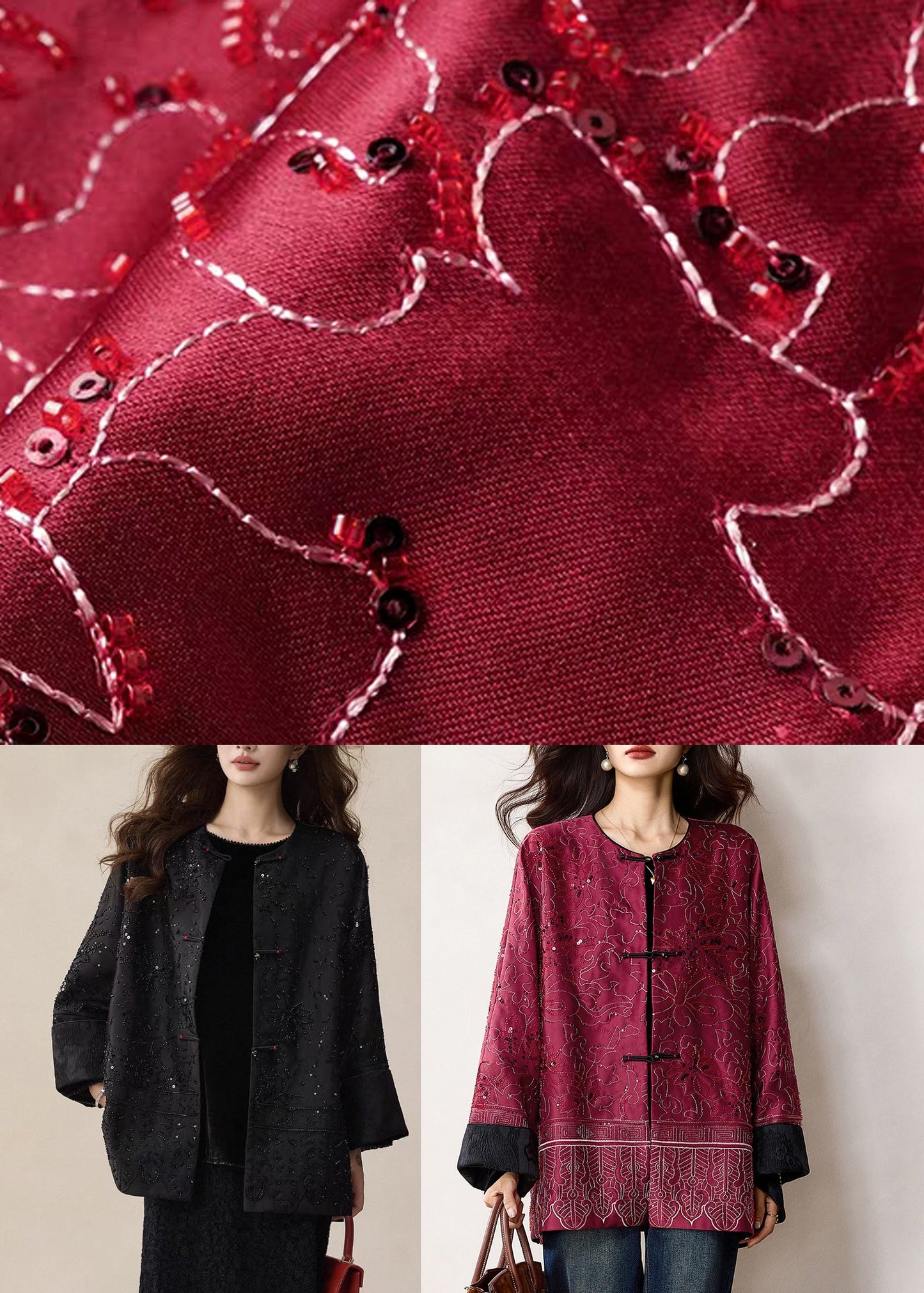 Elegant Red Sequins Patchwork Pockets Coats Winter