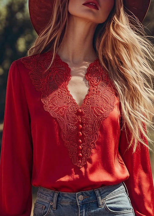 Elegant Red V Neck Button Embroideried Patchwork Silk Shirt Top Spring