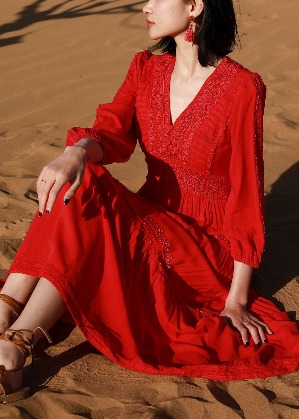 Elegant Red V Neck Embroidered Solid Cotton Long Dresses Bracelet Sleeve