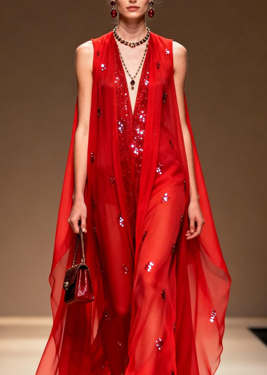 Elegant Red V Neck Zircon Patchwork Chiffon Dress Summer