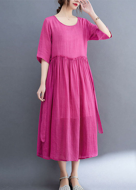 Elegant Rose O-Neck Ruffled Exra Large Hem Solid Color Linen Holiday Dress Half Sleeve