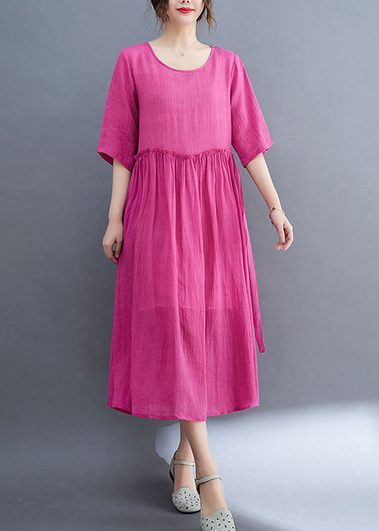 Elegant Rose O-Neck Ruffled Exra Large Hem Solid Color Linen Holiday Dress Half Sleeve