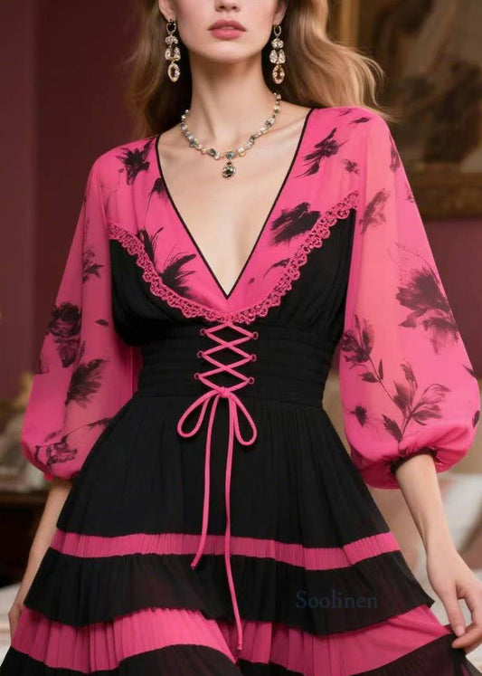 Elegant Rose Print Patchwork Exra Large Hem Chiffon Dress Lantern Sleeve