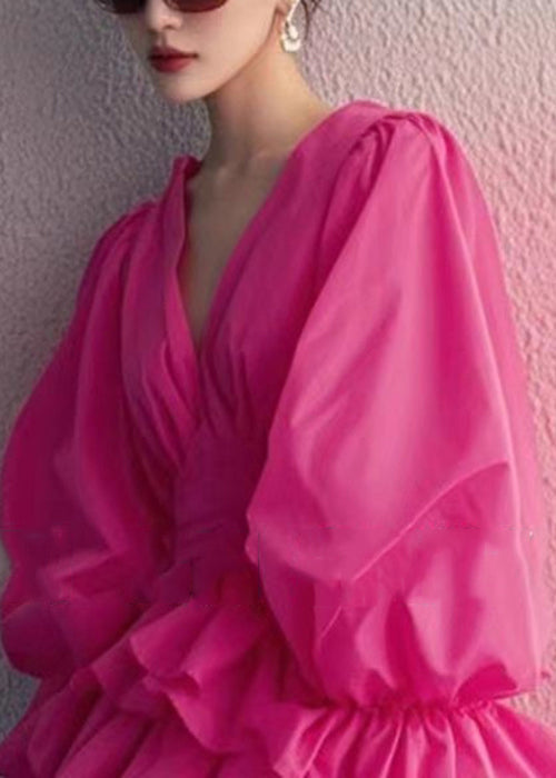 Elegant Rose V Neck Solid Cotton Mini Dress Butterfly Sleeve