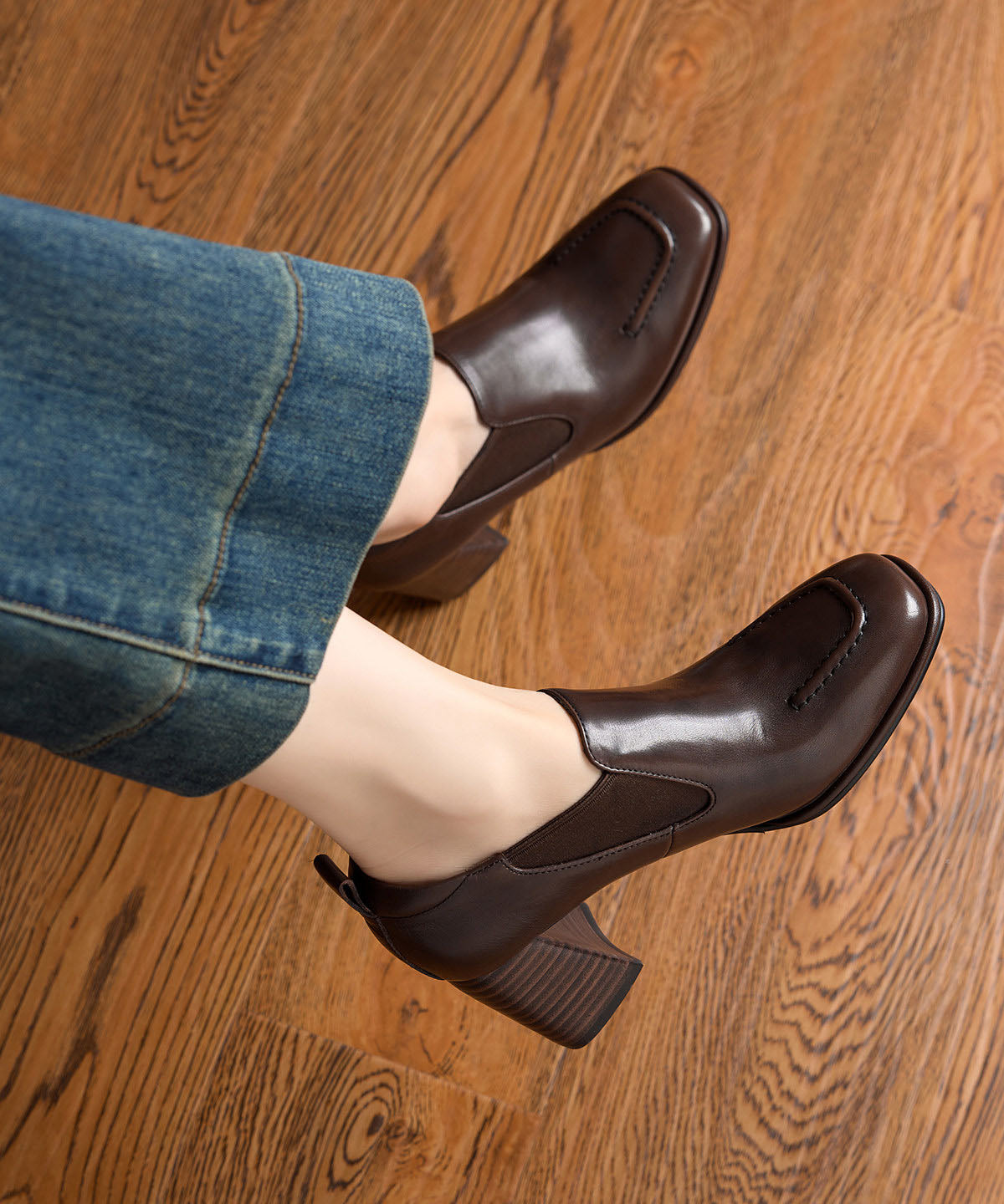Elegant Splicing Chunky High Heels Brown Cowhide Leather