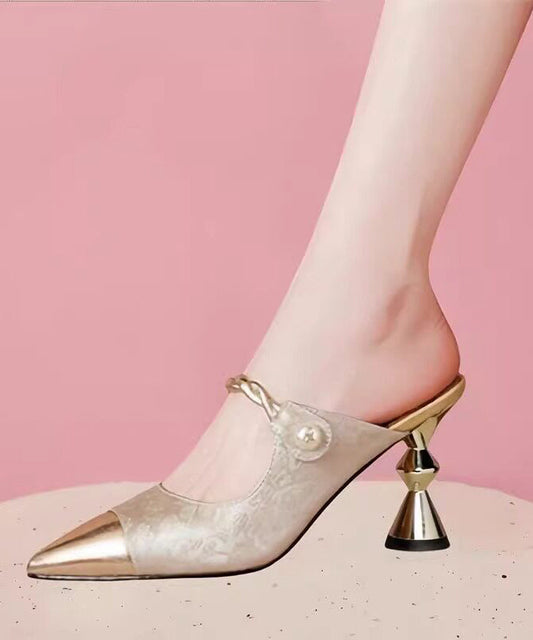 Elegant Splicing High Heel Green Cowhide Leather Slide Sandals
