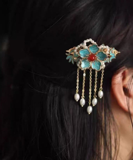 Elegant Sterling Silver Overgild Butterfly Floral Tassel Hairpin