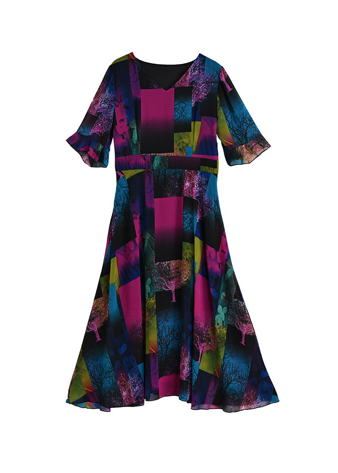 Elegant V Neck Print Patchwork Chiffon Long Dress Summer