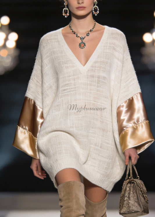 Elegant V Neck Silk Patchwork Linen Mid Dress Spring