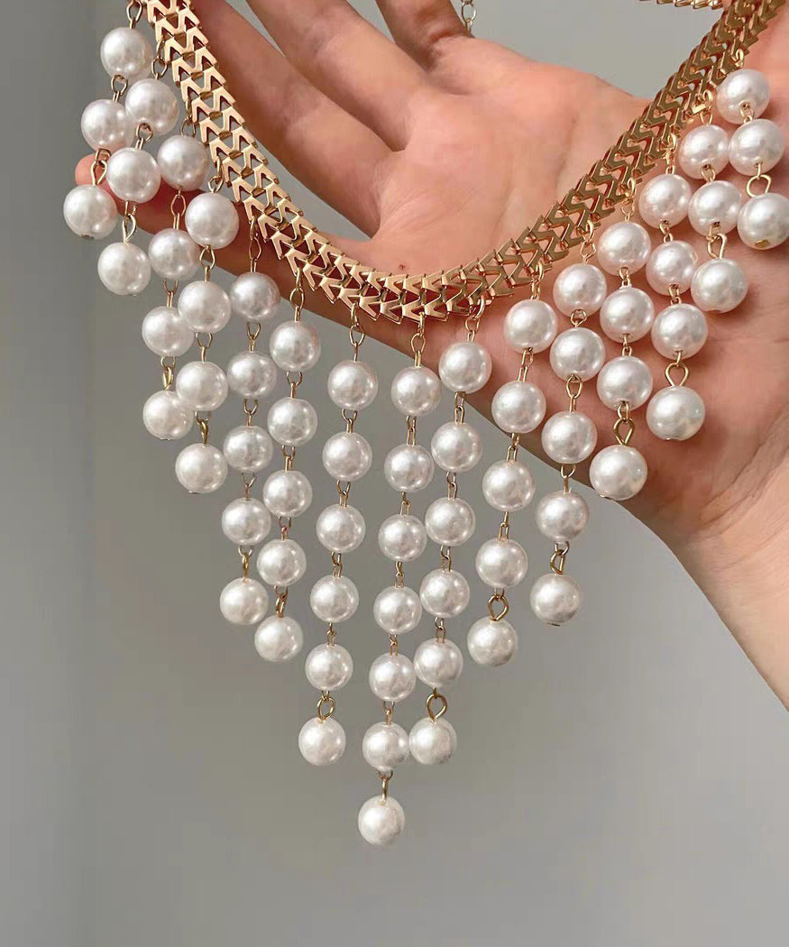 Elegant White Alloy Chain Grapes Pearl Tassel Pendant Necklace